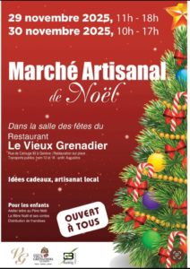 Marché artisanal de Noël de Genève au restaurant Le Vieux Grenadier les 29 et 30 novvembre 2025. Horaires du 29 novembre : 11heures à 18heures. Horaires du 30 novembre : 10heures à 17heures